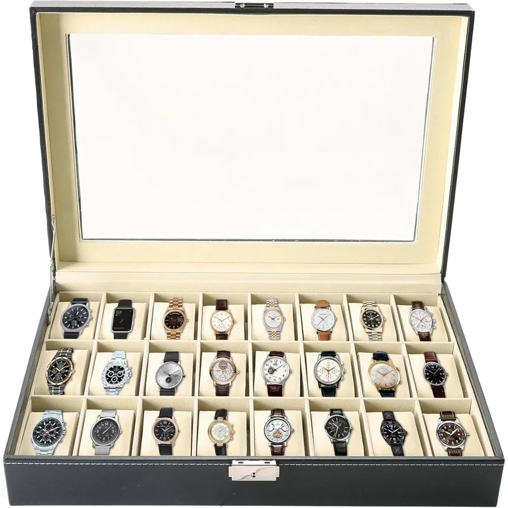 New 24-Slot Watch Box Organizer – Single-Tier Case w/ Glass Display Lid